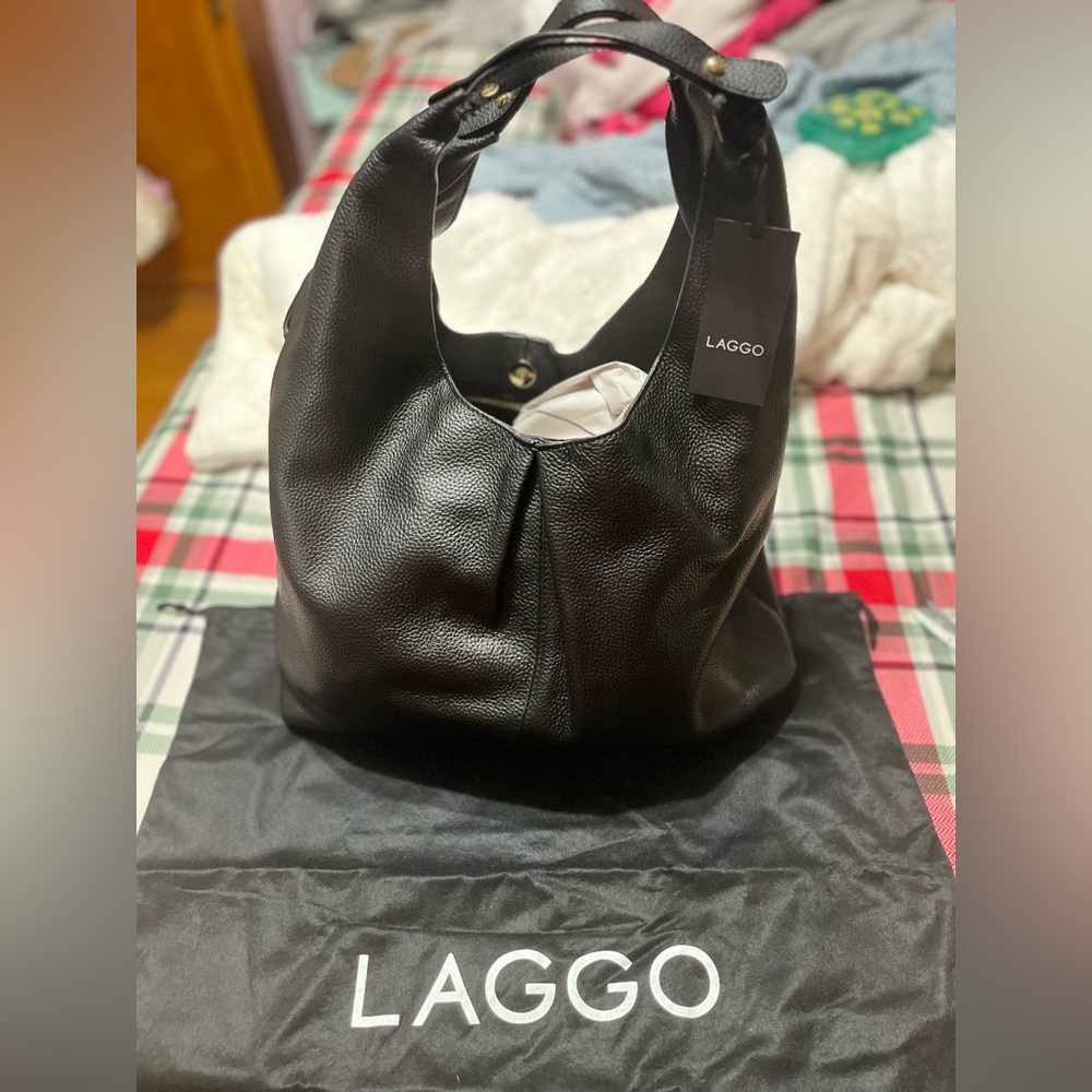 Black Leather Hobo Bag by LAGGO